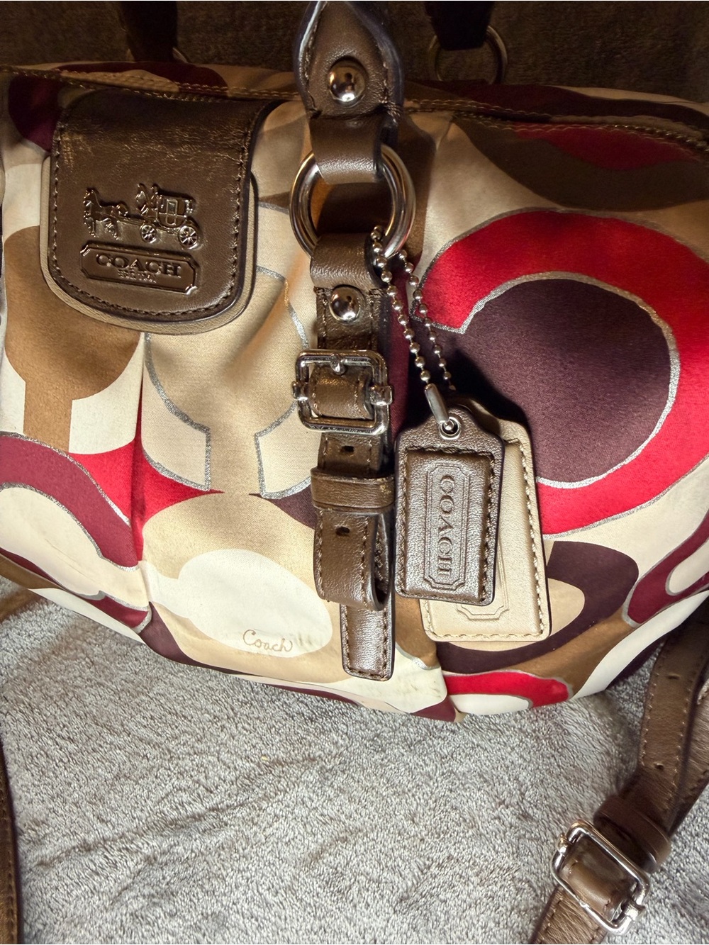 Coach Op Art Multicolor Satin Monogram Satchel with Brown Leather Trim - Picture 5 of 11